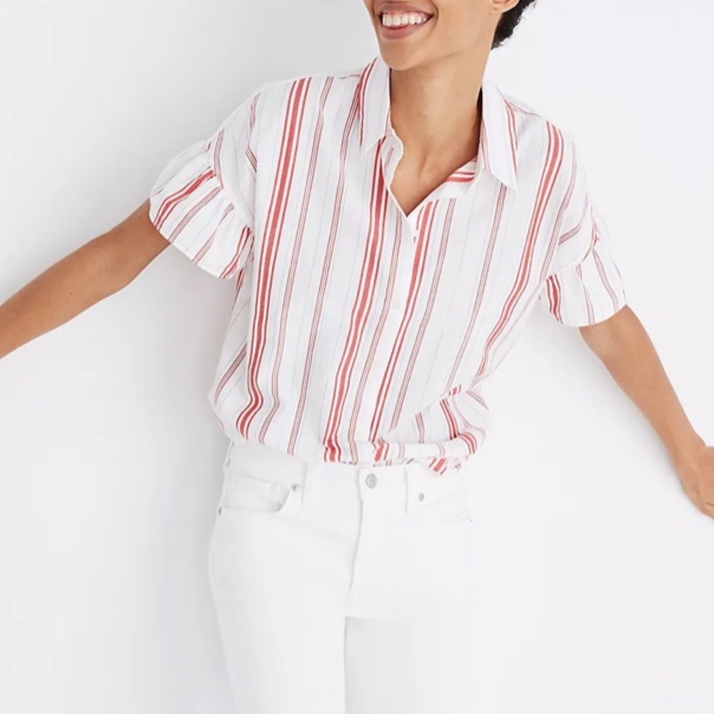 Madewell Central Ruffle-Sleeve Shirt in Carey Stripe - Size XS - Lipstick Red
